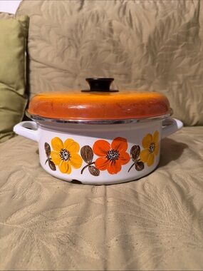 Vintage Austria email White Enamel Floral Casserole with Orange Lid.